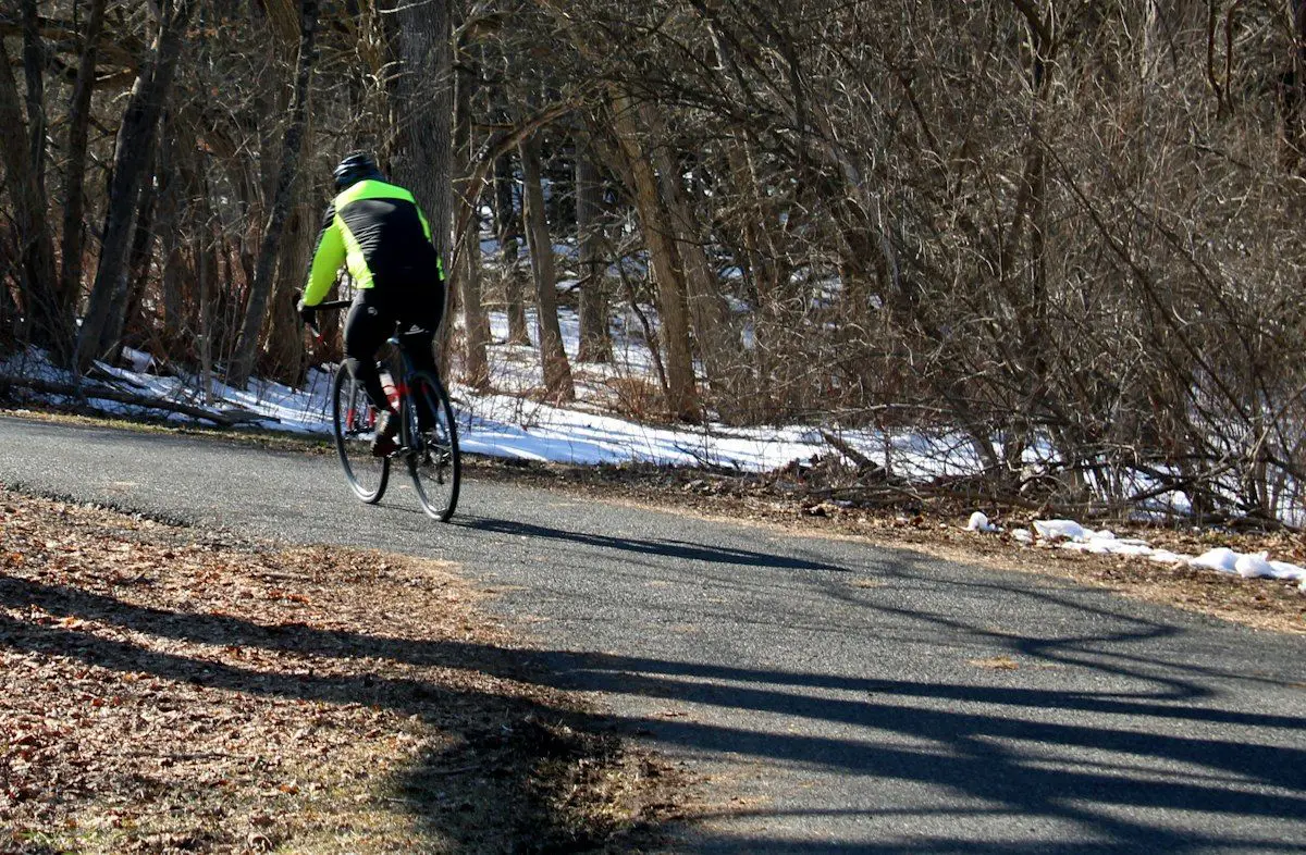 Two riders on a tandem bike starting from a stop on a paved path, with the front rider steering through a gentle turn while the rear rider pedals in sync, and a wider open stretch of path ahead bordered by palm trees and low beachside landscaping