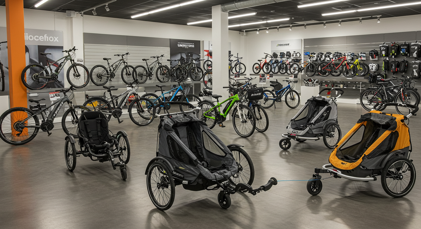 Rental trailers, bikes, trikes, and more in a rental space.