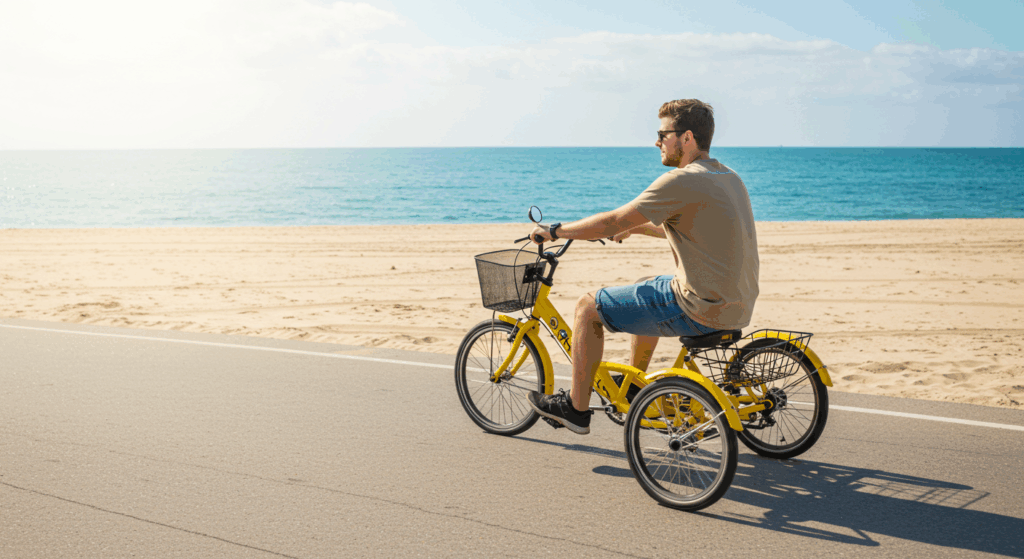 A silver electric trike parked on a sunny Marco Island street near Tigertail Beach, showcasing its three-wheeled stability.