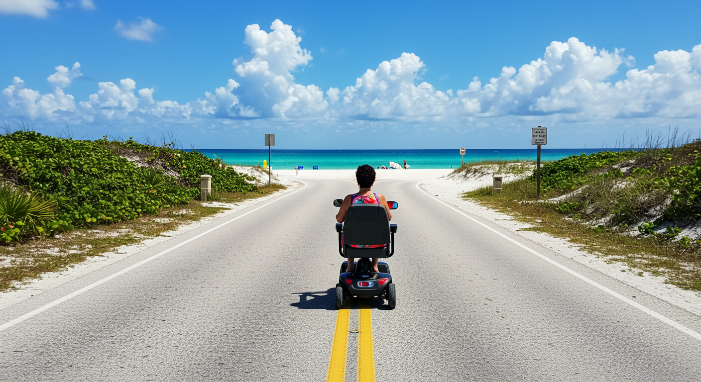 A mobility scooter on a Marco Island street near South Marco Beach, featuring a cushioned seat and basket for accessibility.