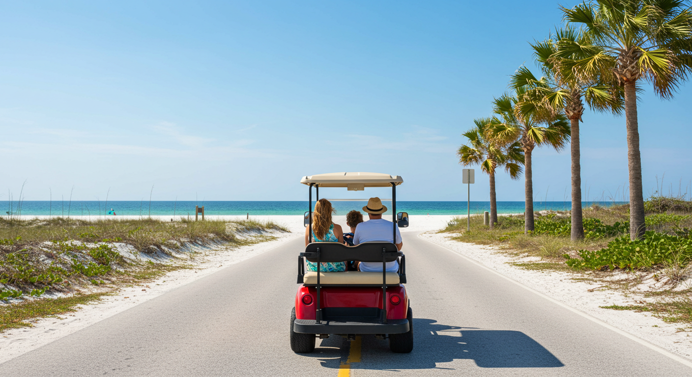 A 4-seater street-legal golf cart parked near Esplanade Shoppes on Marco Island, equipped with seat belts and a shaded roof.