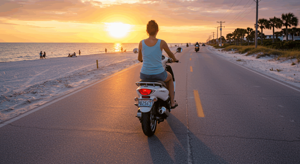 A sleek white 49cc motor scooter on a Marco Island road near Tigertail Beach, designed for fast, stylish island exploration.