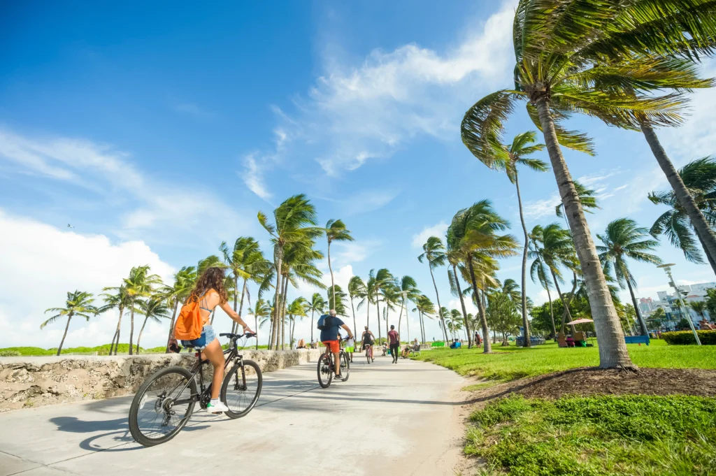 Bikes on a Naples coastal path near Lowdermilk Park, highlighting its cushioned seat and pedal-assist motor.