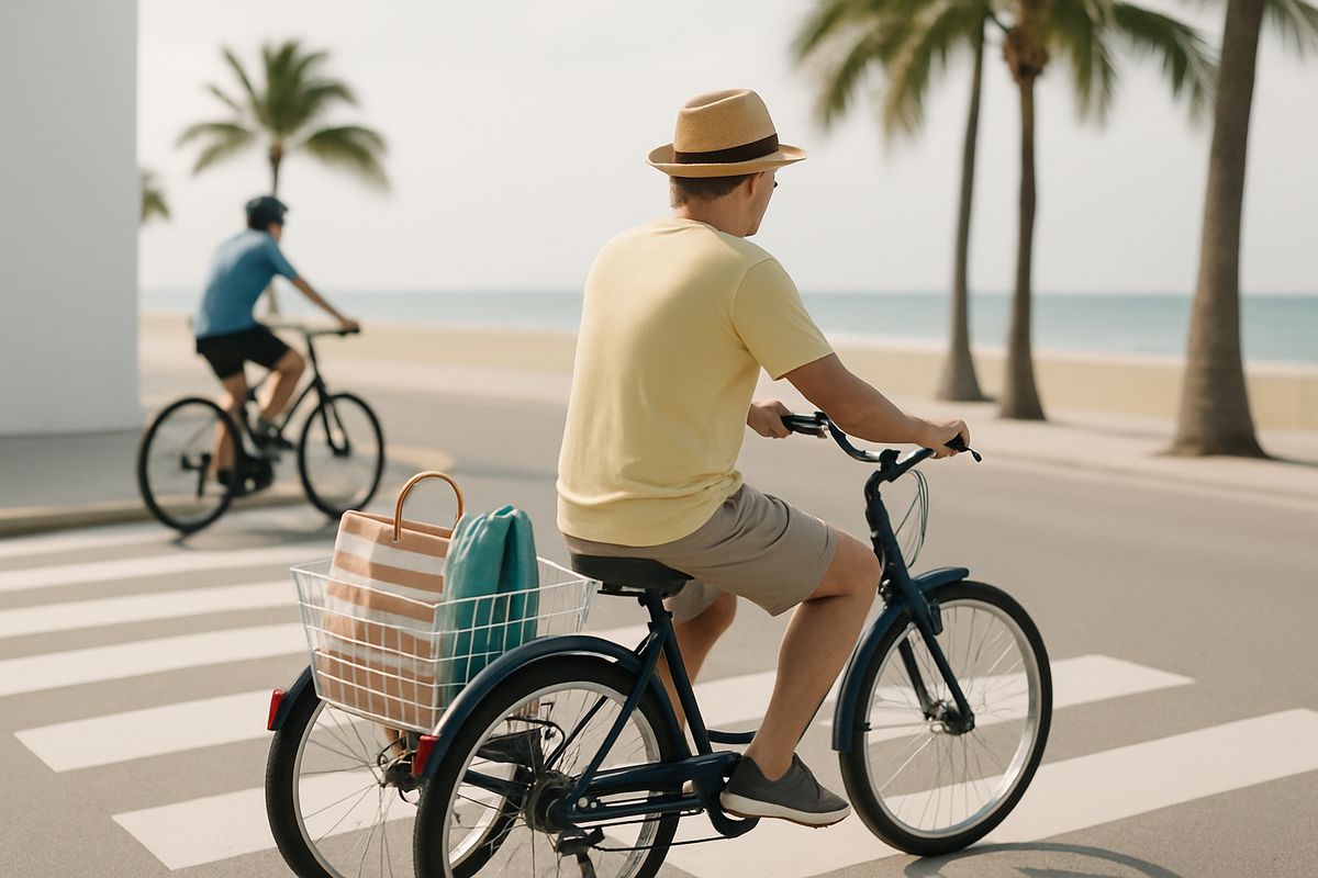 A vacationer on a three-wheeled trike slowly stopping at a crosswalk on a sunny island street, with a beach bag and towel in the rear basket, while a second person on a standard bike rides past on the nearby pavement