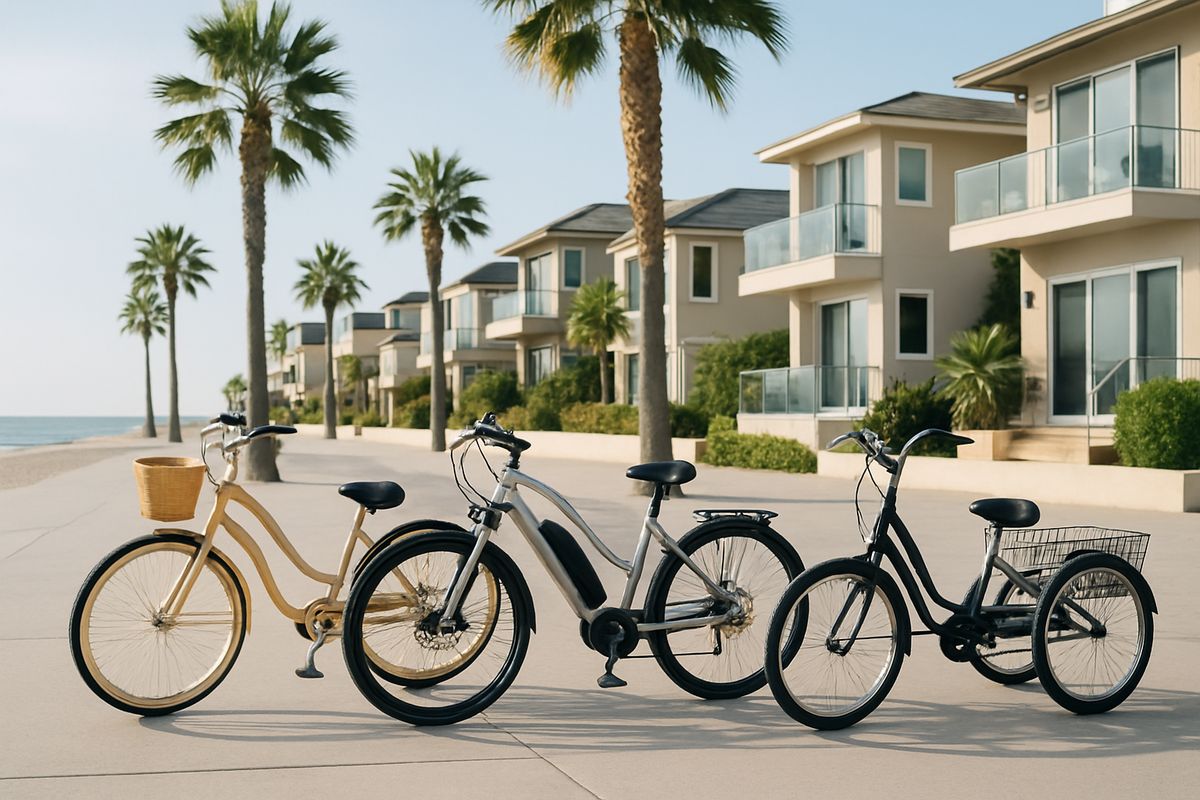A sunny beachfront street scene with three different rental bikes lined up on the sidewalk: a beige comfort cruiser with a front basket, a silver e-bike with a visible battery near the frame, and a stable three-wheeled adult trike, with vacation homes and palm trees in the background