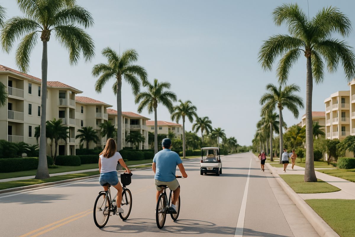 A sunny flat coastal street on Marco Island with a couple riding bicycles past palm trees while a golf cart and a few pedestrians move along the same quiet road near low-rise vacation condos