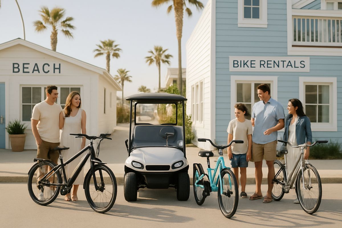 A beach town street scene showing four rental options parked side by side: an electric bicycle, a small golf cart, a three-wheeled trike, and a standard bicycle, with a couple and a family comparing them on a sunny day