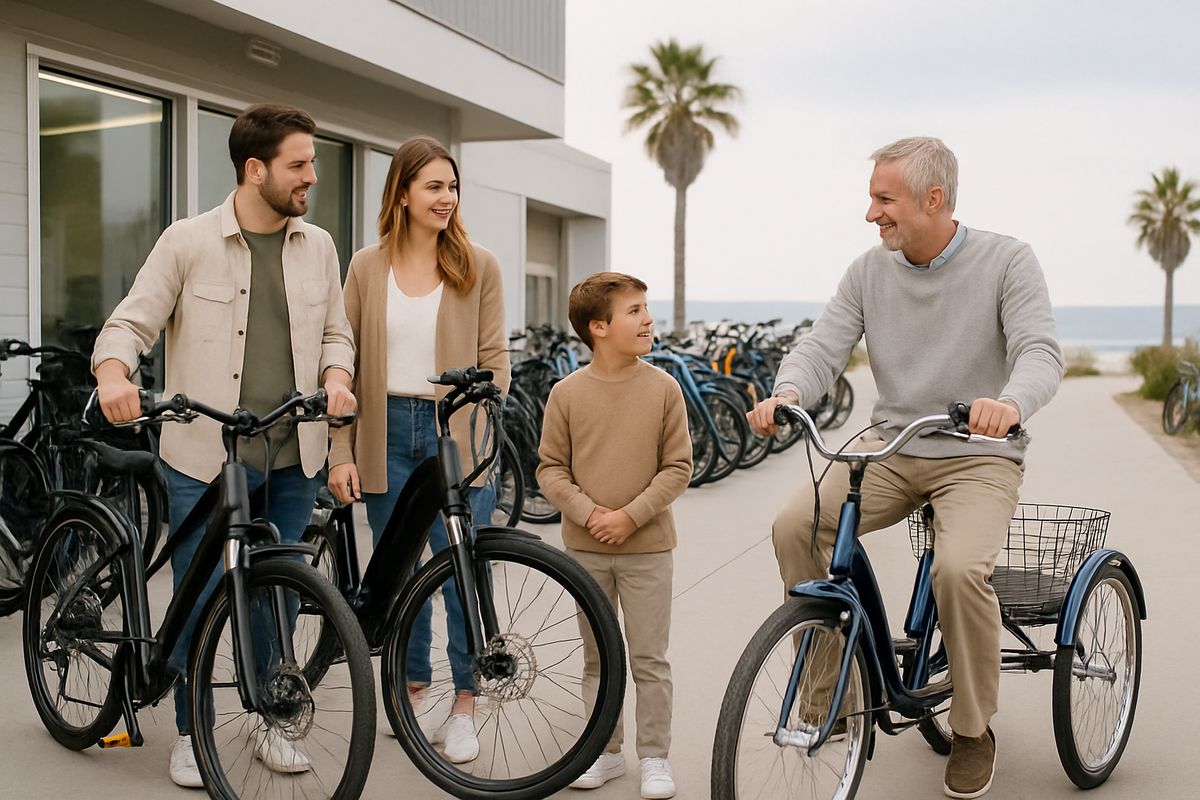 A mixed-age family at a bike rental shop deciding between different rides, with one couple comparing a standard bike and an e-bike while an older adult tries sitting on a trike, all set beside rows of parked rentals and coastal scenery