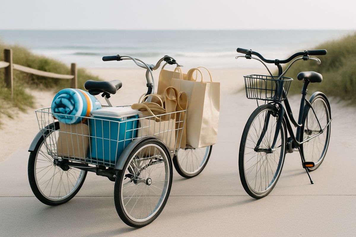 An adult trike loaded with beach towels, sandals, a small cooler, and shopping bags in a large rear basket beside a standard bike with only a small front basket, parked near a sandy beach access path