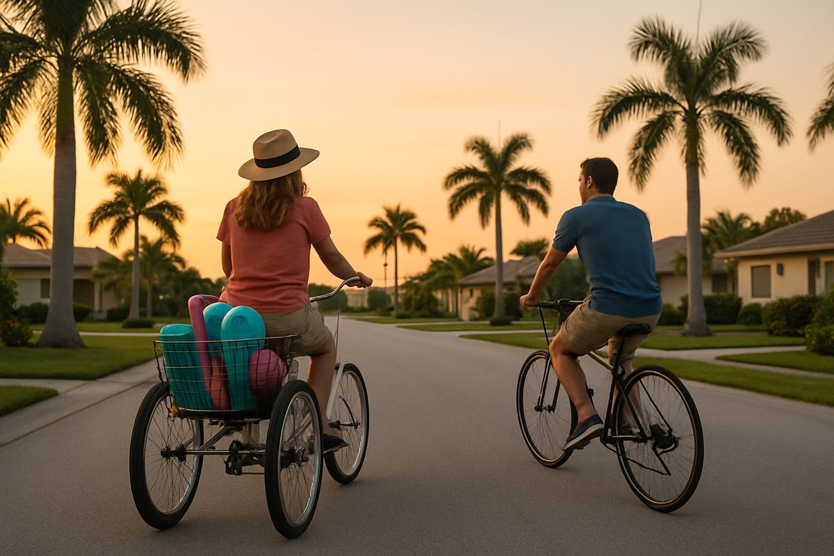 Two vacation riders on a quiet Marco Island street at sunset, one riding a stable trike with a basket full of beach gear and the other on a lightweight bike, both cruising past palm trees and low island homes