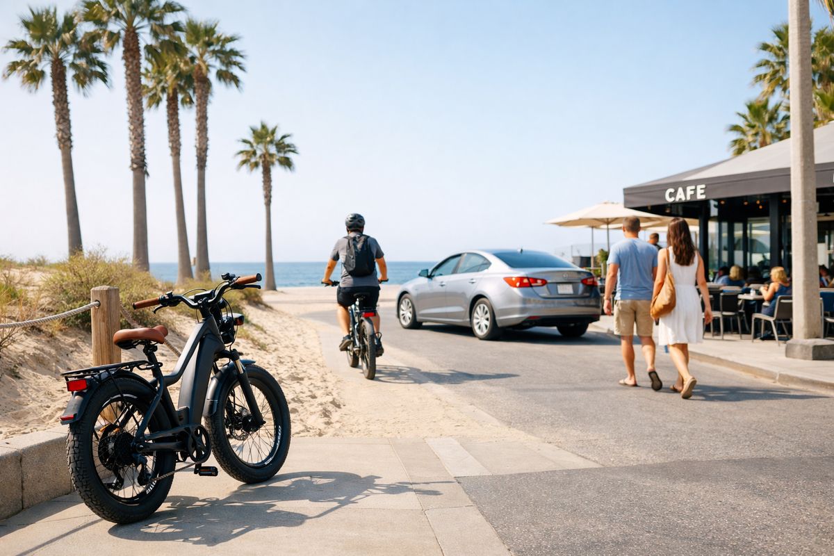 A bright beachfront street with an e-bike parked near a sandy path, a person riding past palm trees toward the water, and a nearby car circling for parking while a couple on foot walks toward a café, showing the contrast between easy bike travel, walking, and driving