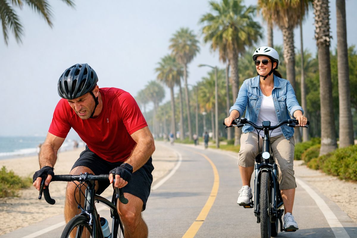 A sunny coastal bike path with one rider on a regular bicycle visibly sweating and leaning forward into the effort, while another rider on an e-bike cruises upright with a relaxed posture through the same humid, palm-lined street.