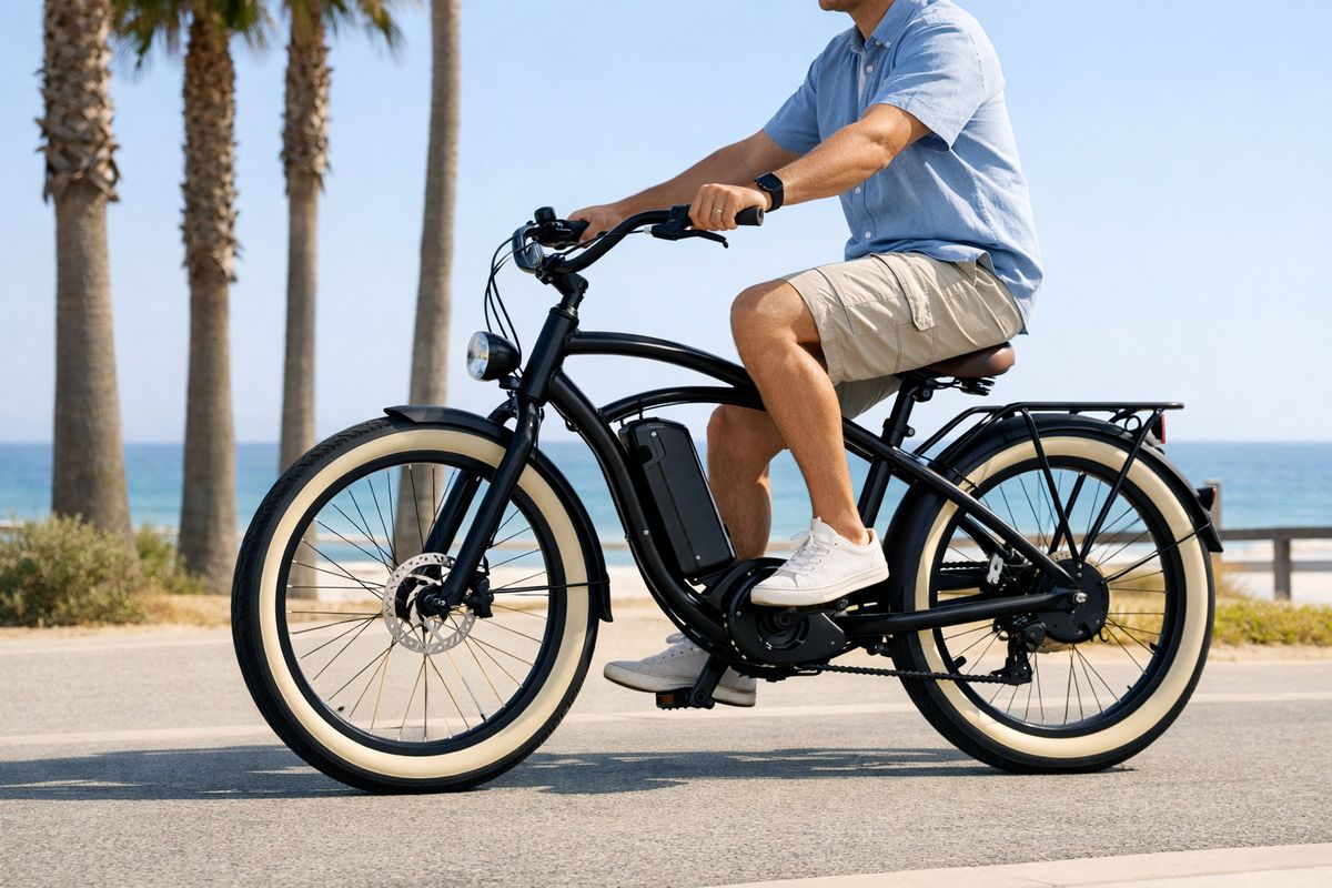 A beach cruiser-style electric bike parked on a sunny coastal path near palm trees, with a visible battery mounted to the frame, a small motor near the rear wheel, and a rider using the pedals while cruising past the water in casual vacation clothing