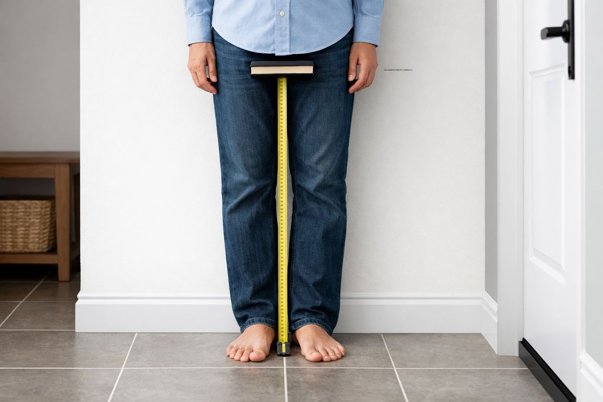 A person standing against a wall measuring inseam with a hardcover book pressed up between their legs, a tape measure running from the floor to a pencil mark on the wall, with bare feet on a tiled floor in a home entryway