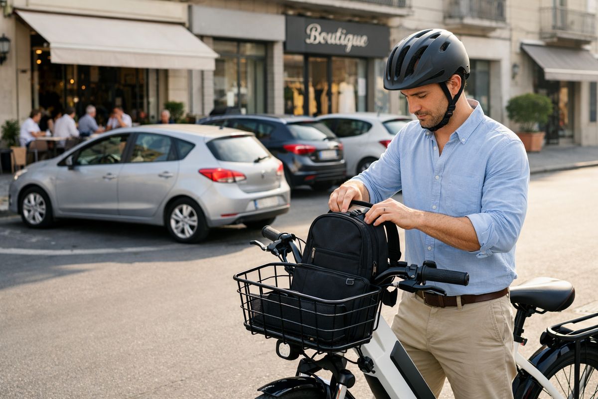 An e-bike parked near a sunny Naples street with a rider loading a small backpack into a front basket, while a car circles a crowded curbside parking area in the background and nearby storefronts line the street