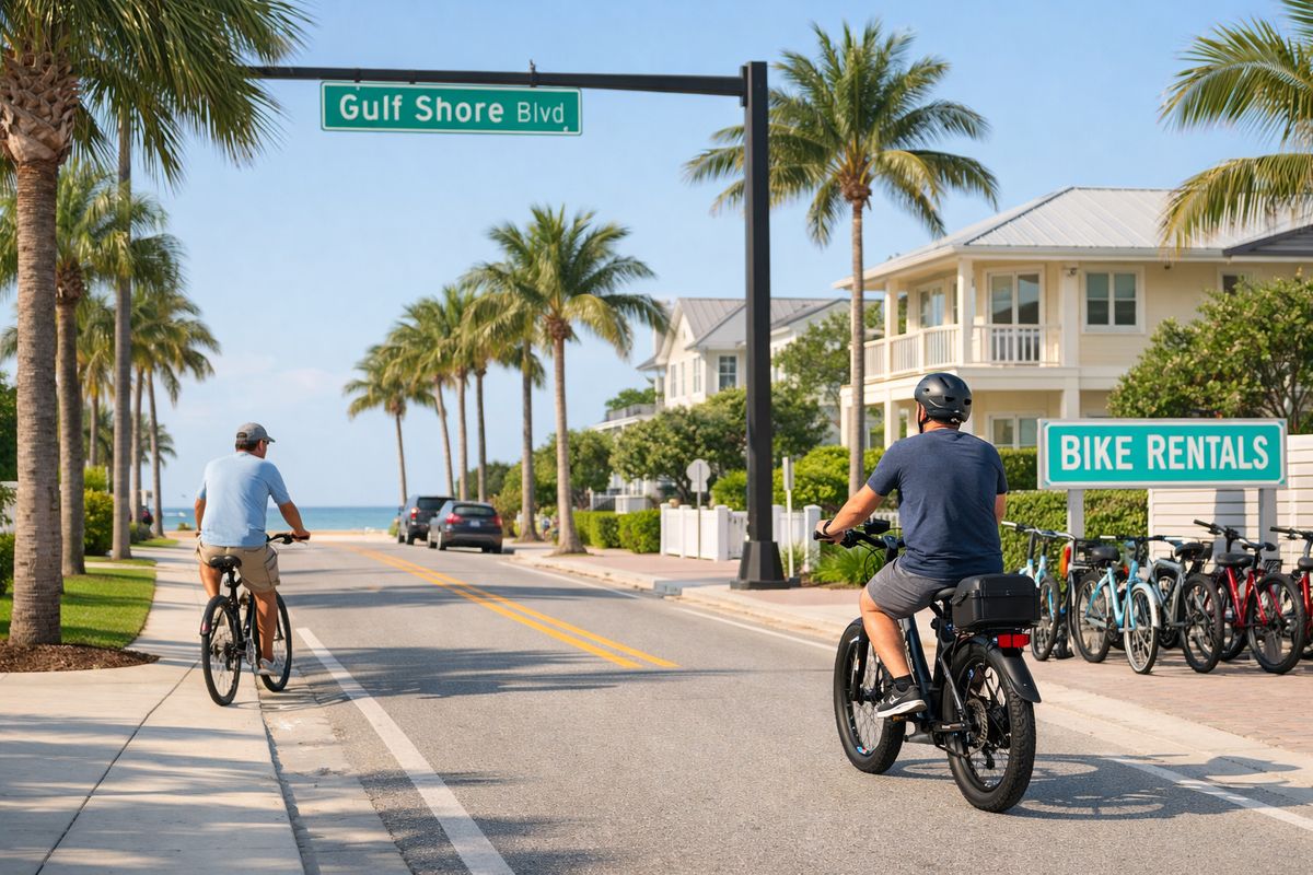 A sunny Naples street scene with palm-lined sidewalks, a regular bicycle cruising slowly along Gulf Shore Boulevard, and an e-bike pulling away from a neighborhood rental area toward a beach road, with coastal houses and parked bikes in the background