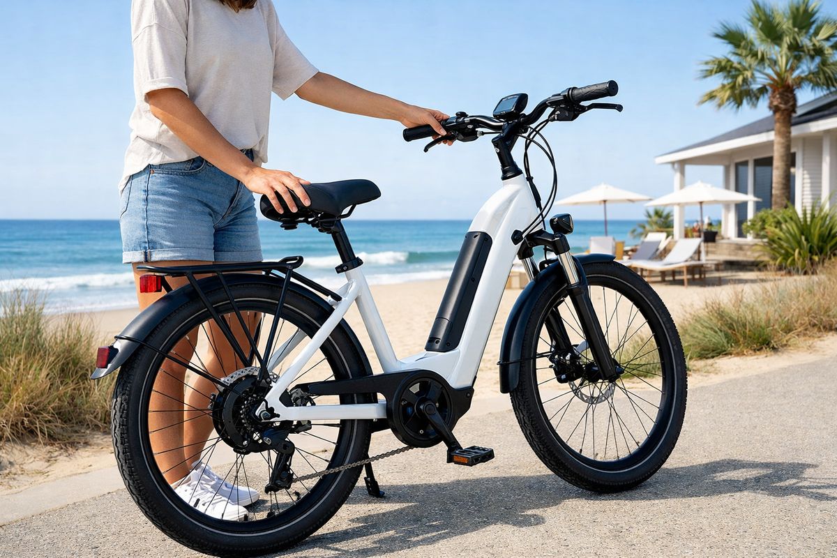 A step-through e-bike parked on a sunny coastal path with a rider standing beside it, checking the saddle height and reaching toward the handlebars, with beach scenery and a relaxed vacation-rental feel in the background