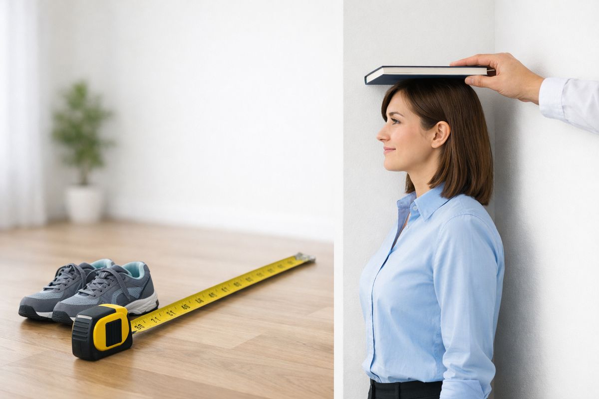 A tape measure laid out beside a pair of walking shoes, with a person standing against a wall while another hand marks their height using a book held flat on top of the head, in a bright indoor room.