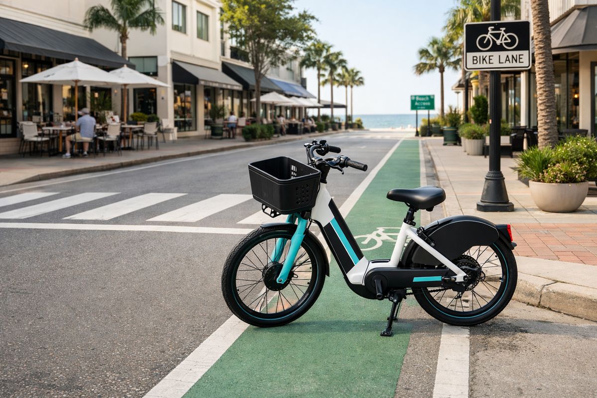 A rental e-bike parked on a sunny Naples street near a crosswalk, with a bike lane beside it, storefronts and sidewalk cafés in the background, and a beach access path visible farther down the block