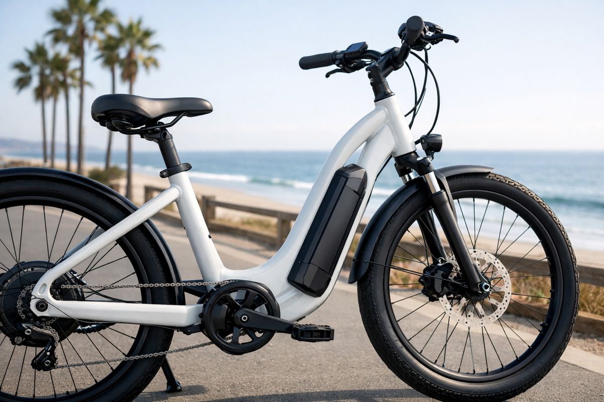 A close-up side view of a step-through e-bike with a visible battery mounted on the frame, pedals, handlebars, disc brakes, and a small rear motor hub, parked on a coastal bike path with ocean and palm trees in the background