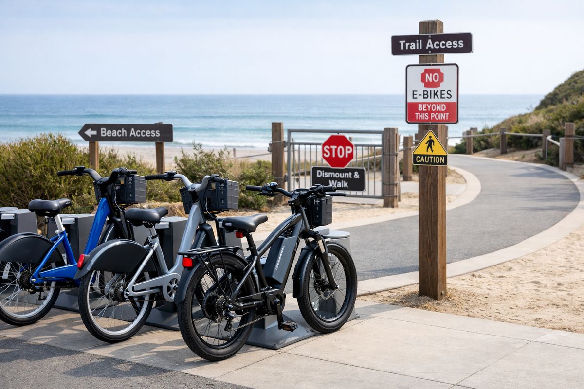 A row of rental bicycles parked near a seaside trail entrance, including a regular bike and a heavier e-bike with a battery mounted on the frame, alongside a shared path curving past beach access and a posted gate area suggesting route restrictions.