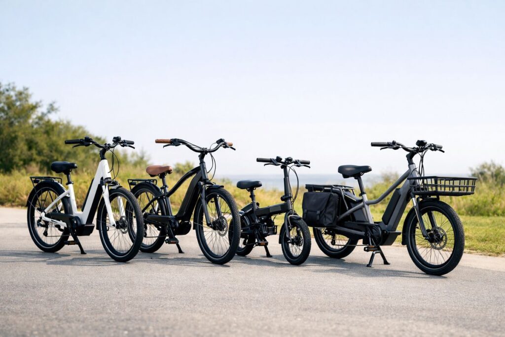 A row of different electric bikes parked outdoors on a sunny path: a step-through city e-bike, a cruiser with swept-back handlebars, a compact folding e-bike with small wheels, and a long cargo e-bike with a front rack and rear storage area
