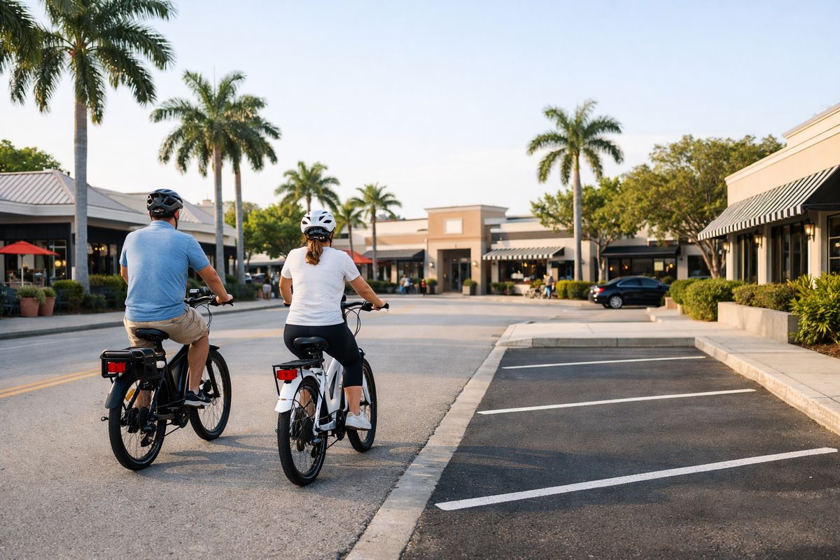 Two e-bikes riding along a quiet Naples neighborhood street toward a cluster of shops and restaurants, with palm trees, low buildings, and an open parking space visible near the curb