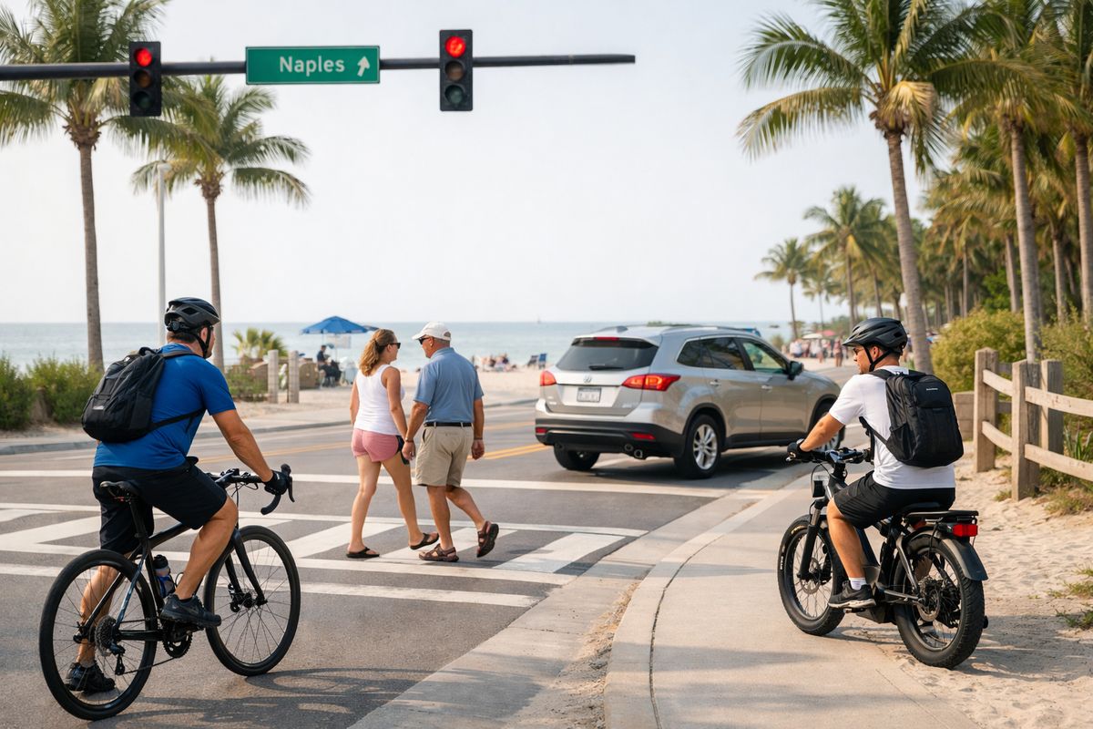 A busy beachside intersection in Naples with a cyclist slowing near a crosswalk, pedestrians stepping off the curb, a car waiting to turn, and an e-bike rider braking early on a shared path with sand, palms, and beachfront traffic nearby