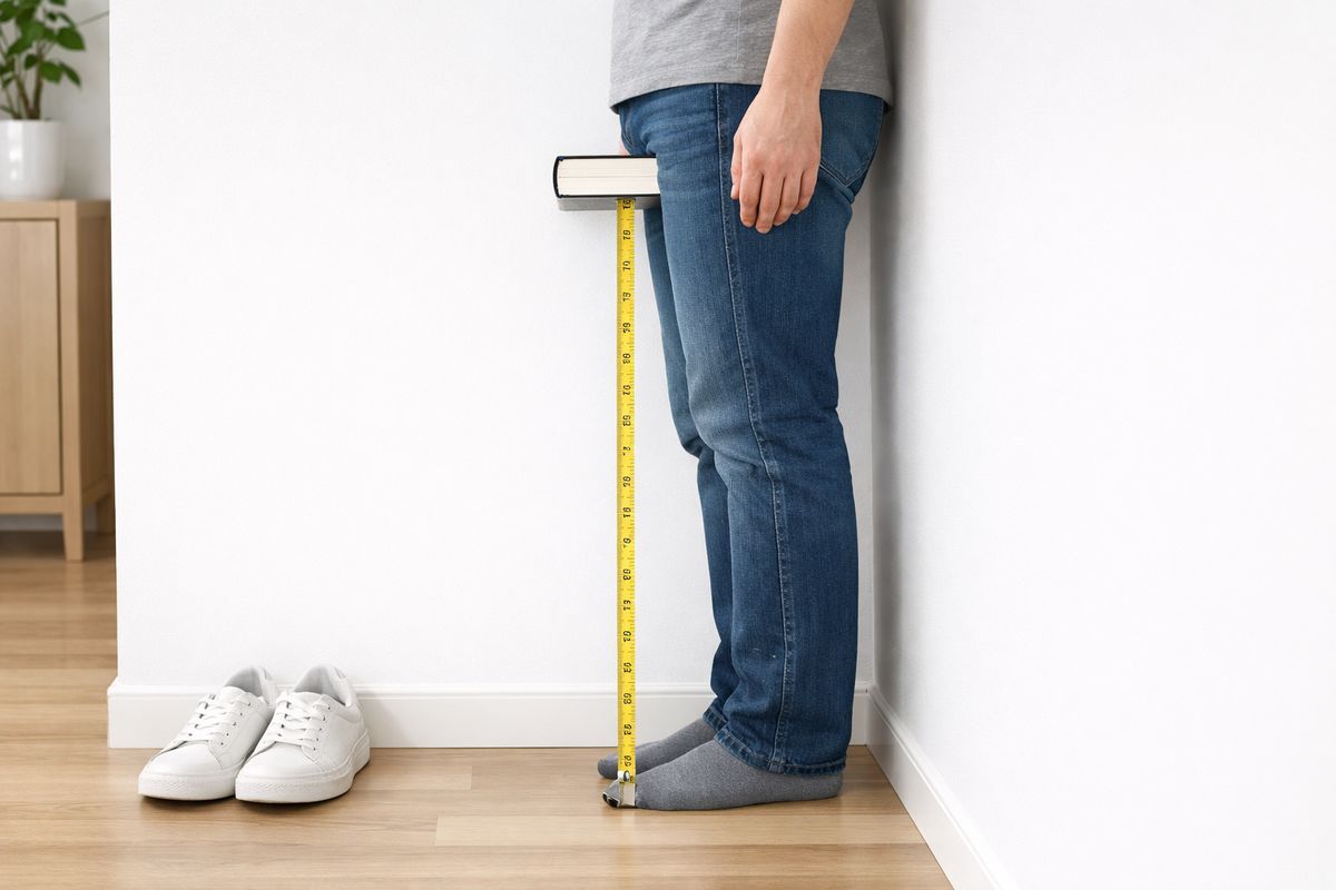 A simple home measuring setup with someone standing sideways by a wall, a book pressed snugly between the legs to measure inseam, and a tape measure running from the floor up to the book, with shoes placed nearby.
