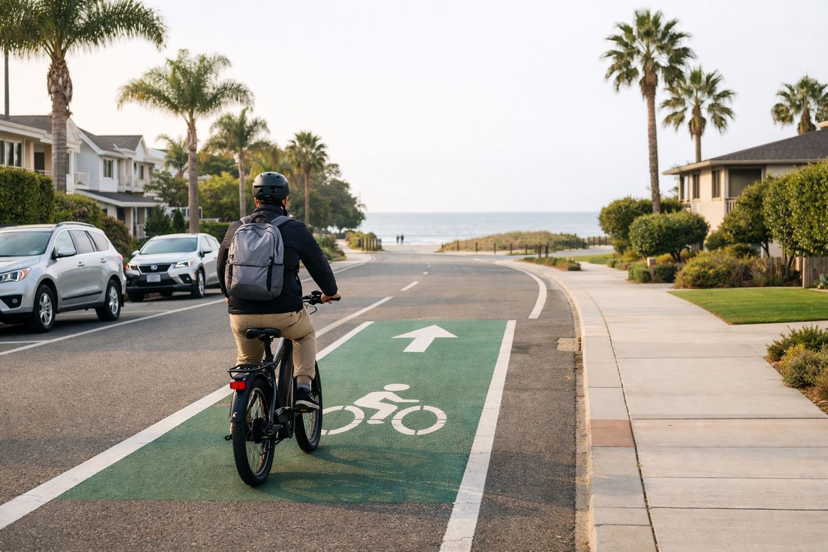 A rider on an electric bicycle traveling along a marked bike lane on a quiet neighborhood street, passing parked cars, palm trees, and low-rise homes, with a wider shared roadway and a side path leading toward a beach area ahead