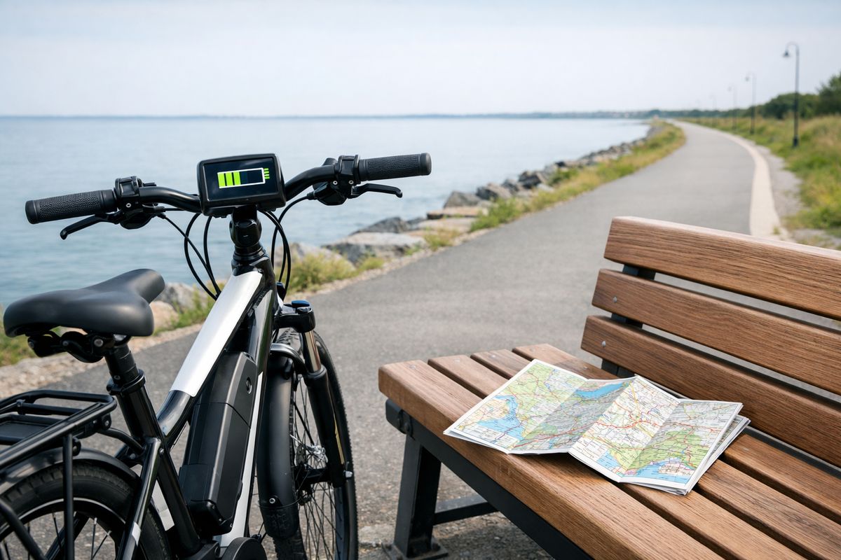 An e-bike standing beside a waterfront bench with a half-charged battery indicator on the bike display, a map folded open on the seat, and a relaxed scenic path stretching into the distance along a flat shoreline