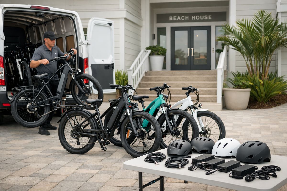 A beach house driveway where several e-bikes are being unloaded from a delivery van, with helmets, locks, and chargers laid out on a table beside the bikes, and a condo entrance visible in the background