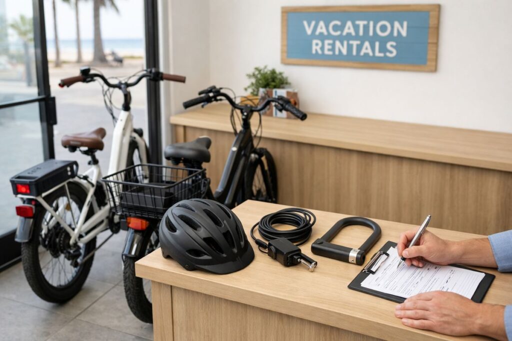 A vacation rental shop counter with two electric bikes parked nearby, one step-through cruiser and one with a rear basket, alongside a helmet, a coiled charger cable, a U-lock, and a clipboard being used during a quick pickup handoff near the storefront entrance