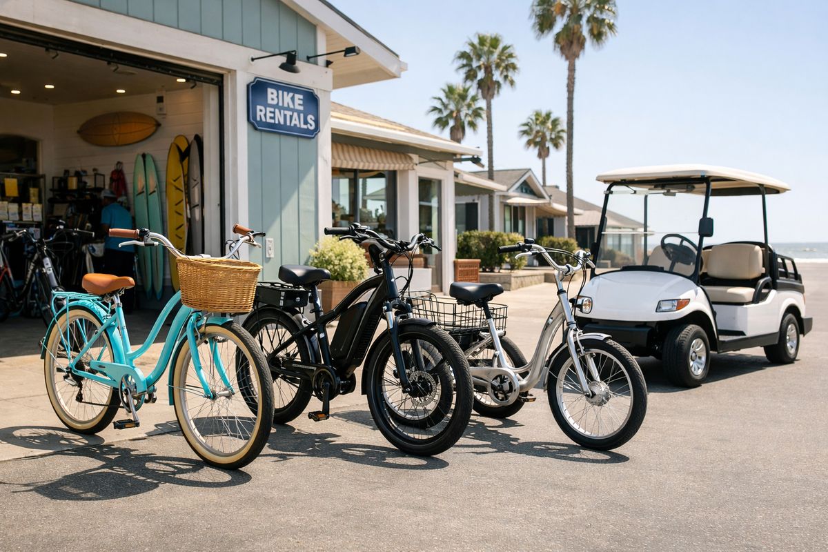 A row of rental bikes parked outside a coastal bike shop, including a beach cruiser with a wicker basket, an electric bike with a battery pack, a three-wheeled trike, and a golf cart nearby on a sunny street with palm trees and beach-style storefronts