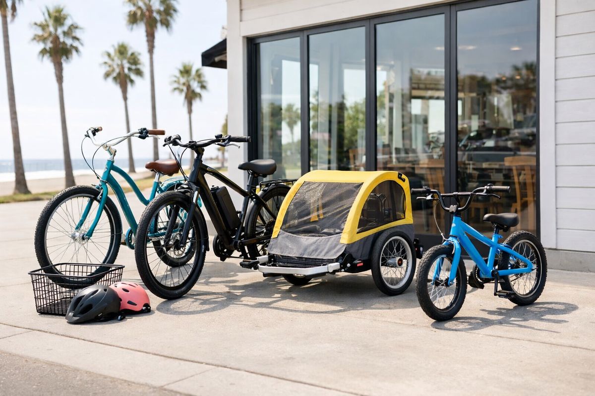 A row of rental bikes lined up outside a coastal bike shop, including a cruiser, an e-bike with a battery mounted on the frame, a child trailer, and a smaller kids' bike, with helmets and a basket placed beside them on a sunny sidewalk near palm trees.