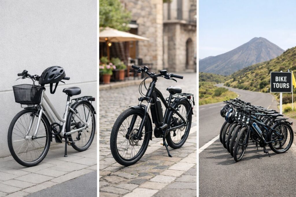 A row of three bike rental scenes side by side: a simple city bike with a small lock and helmet, an electric bike parked near a cobblestone street, and a guided tour setup with several bikes lined up beside a scenic road leading toward a volcanic hillside in the distance