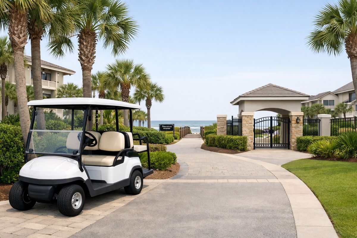 A white golf cart parked beside a resort-style pathway near palm trees and low-rise vacation buildings, with a short paved route leading toward a beach access area and a nearby gated neighborhood entrance