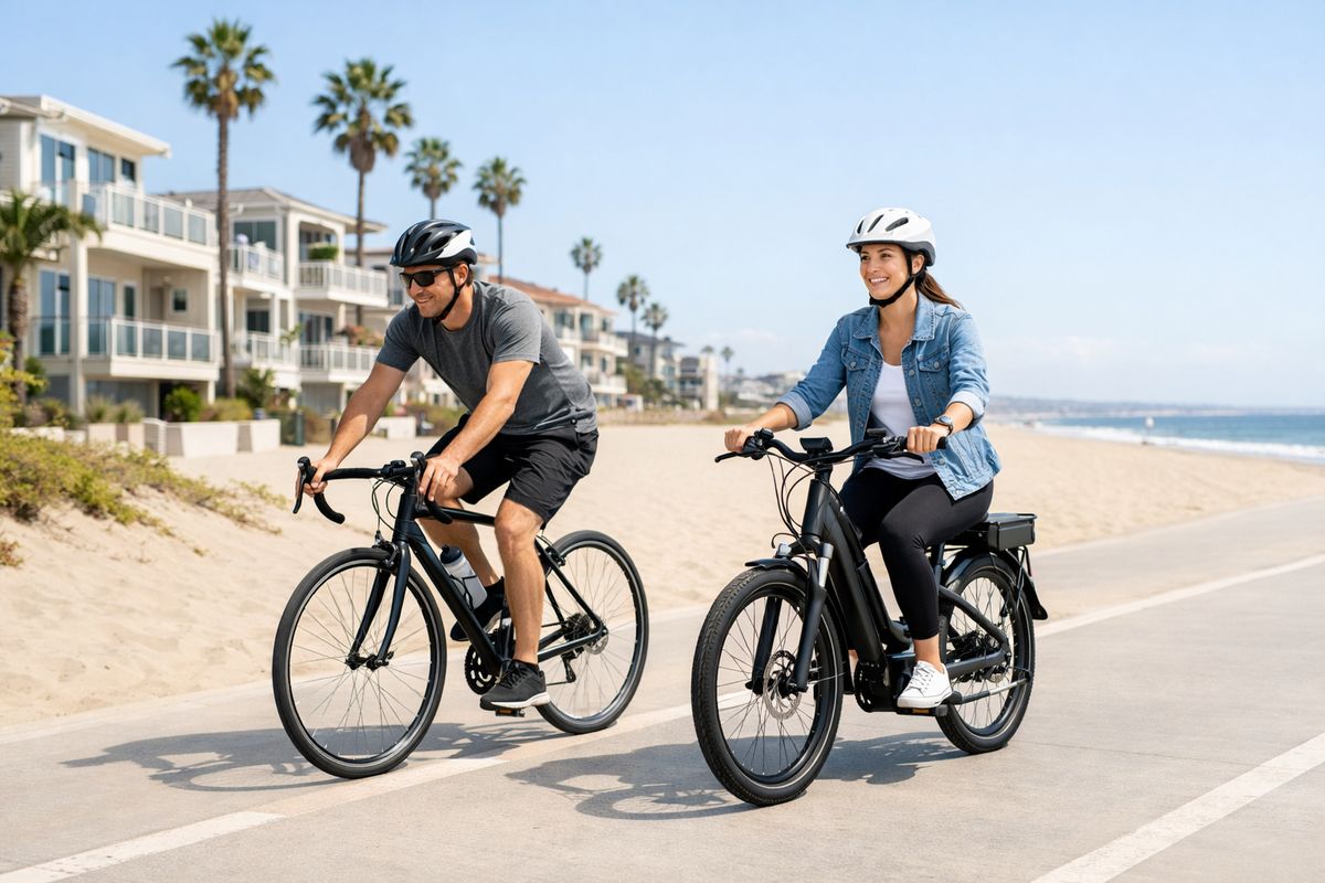 A sunny coastal bike path with two bikes riding side by side: a regular bike with a rider leaning slightly forward and an e-bike moving more effortlessly beside it, with beach houses, palm trees, and bright midday light in the background