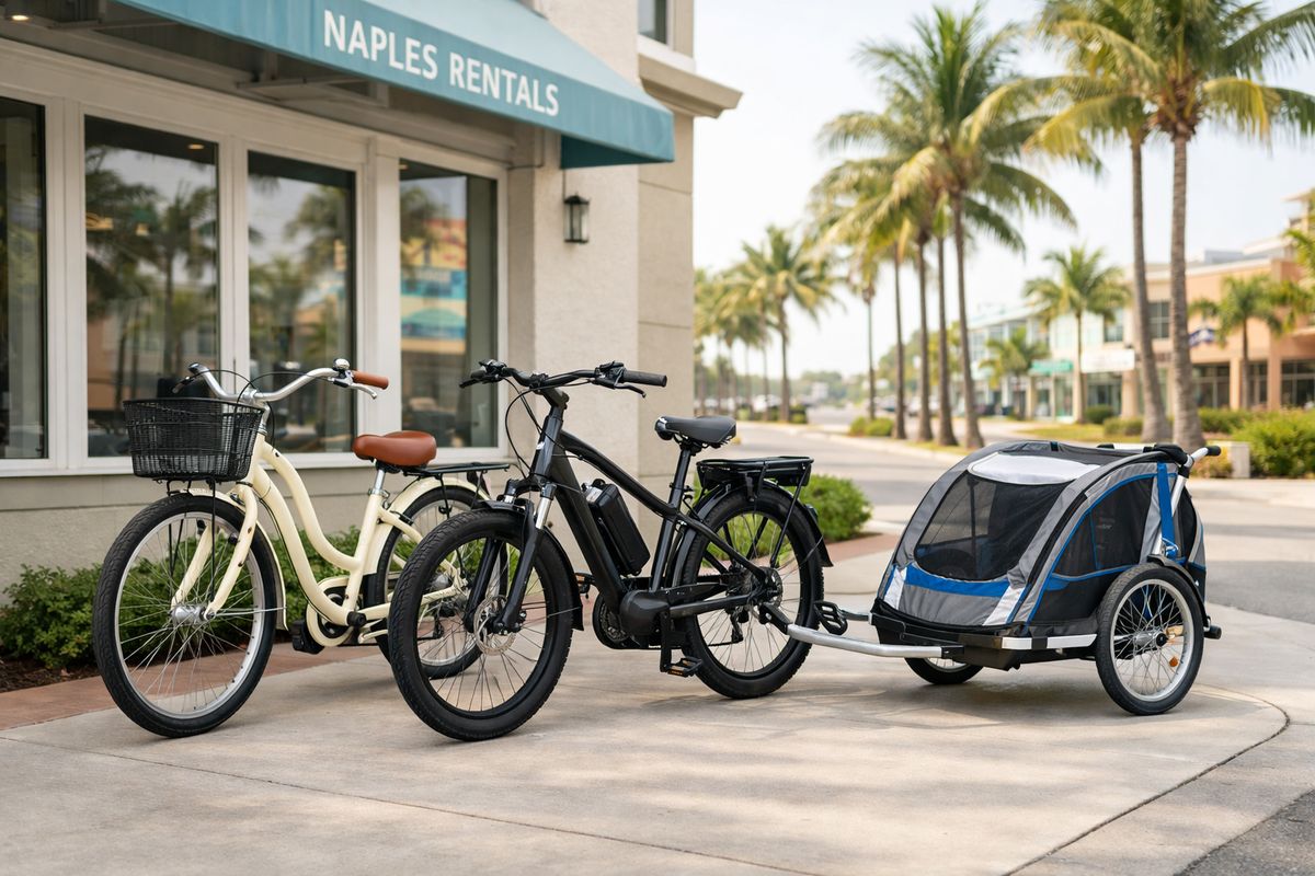 A row of rental bikes outside a Naples shop, including a comfort cruiser, an e-bike with a battery mounted on the frame, and a child trailer hitched to a bike, with beach-style streets and palm trees in the background