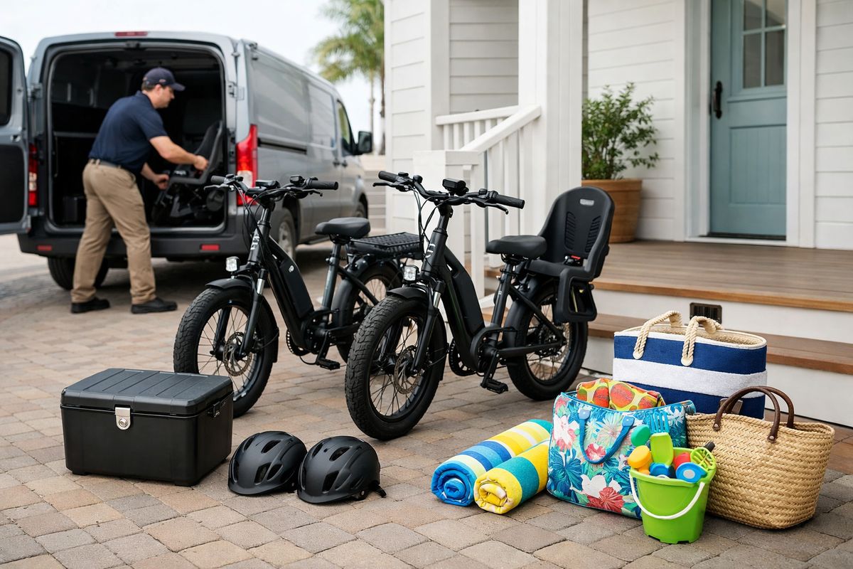 A vacation rental pickup scene at a beach town home entrance, with a delivery van unloading two e-bikes, a locked basket, two helmets, a child seat attachment, and a family’s beach bags stacked near the front porch.