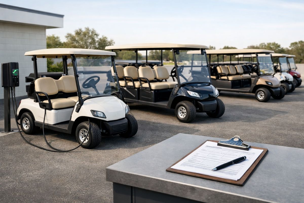 A neat rental lot with several golf carts lined up in different sizes and styles, including a smaller two-seater and a larger six-seater, with charging cables connected to one cart and a clipboard on a counter for rental checkout