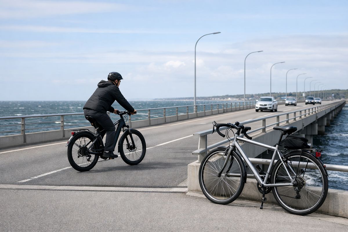 A windy seaside bridge with a cyclist on an e-bike riding steadily against the breeze while a regular bike is parked nearby, with waves, open water, and low coastal traffic around the bridge