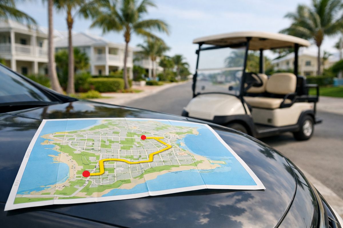 A map spread out on the hood of a car with a highlighted short route through island streets, next to a parked golf cart in a resort-style neighborhood near palm trees and low-rise vacation homes